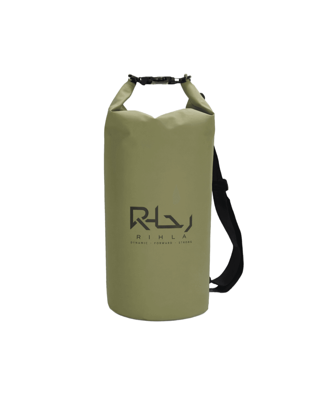 Rihla 15L olive waterproof bag studio front view with shoulder strap