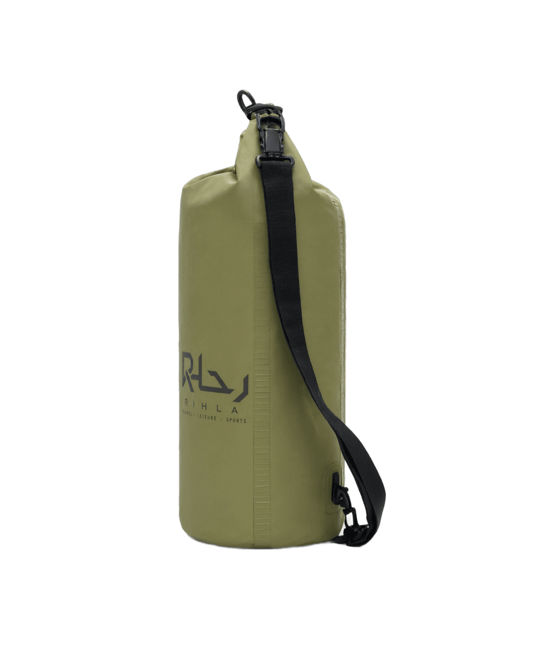 Rihla 15L olive waterproof bag from the side, rolled and clipped with the shoulder sling attached