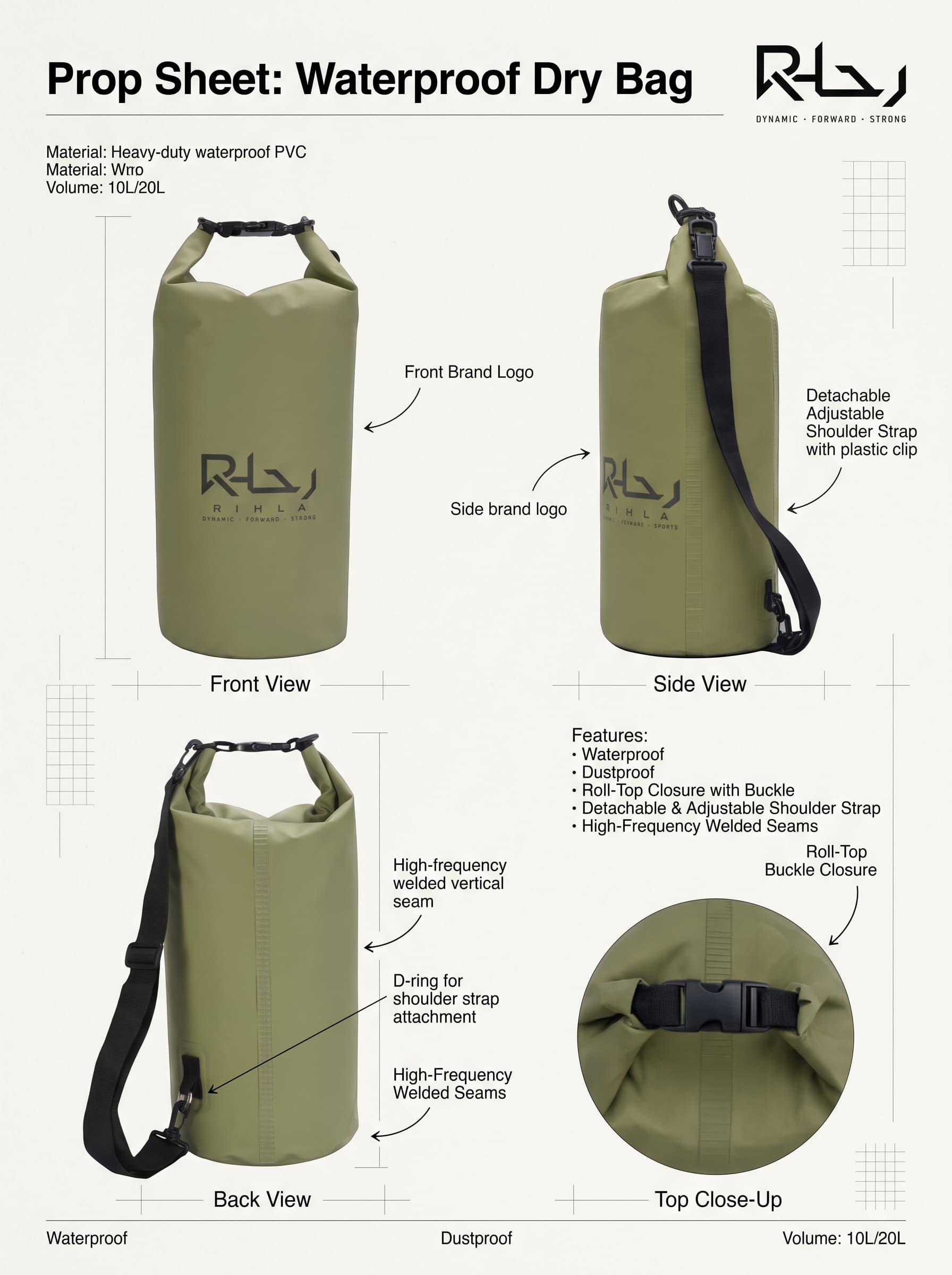 Rihla 15L waterproof bag reference sheet: front, side, sling, sealed seam, roll-top, and buckle