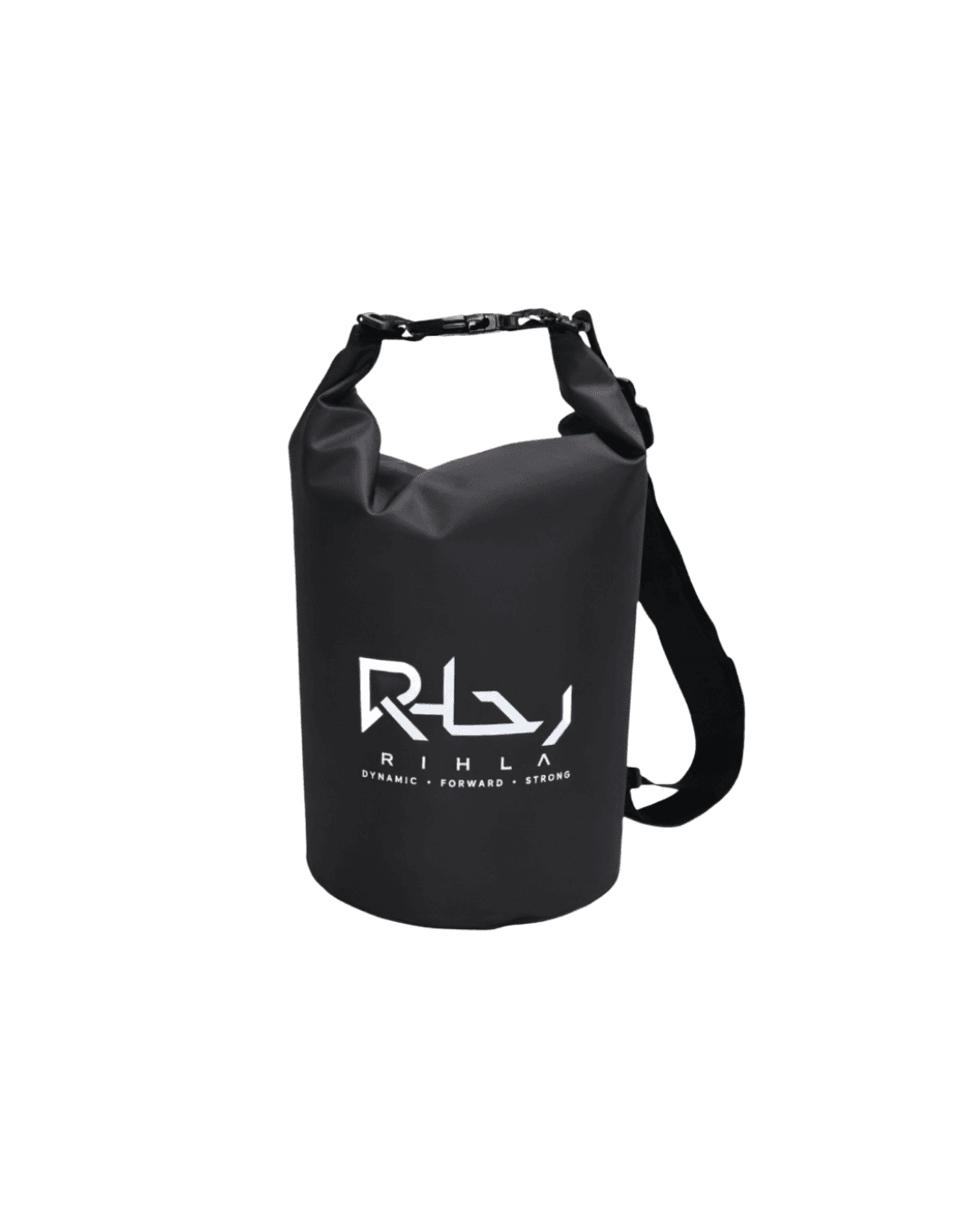 Rihla 5L black waterproof bag studio front view with shoulder strap